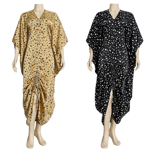 Autumn Irregular Waist Leopard Pattern V-Neck Loose Drawstring Dress African Plus Size Women's Clothing